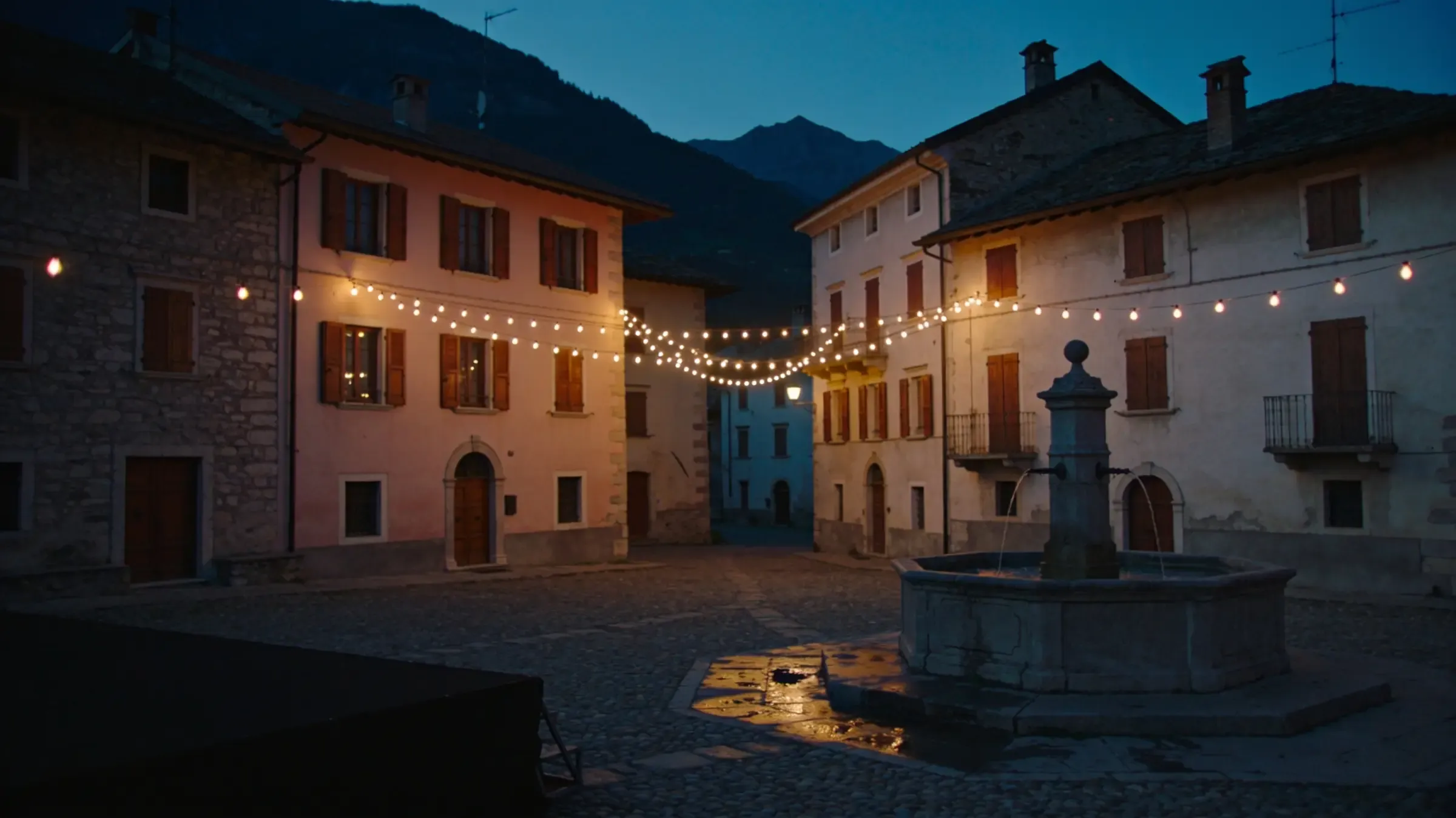 Una piazza di paese trentino di sera, vuota, con le luminarie accese prima della festa