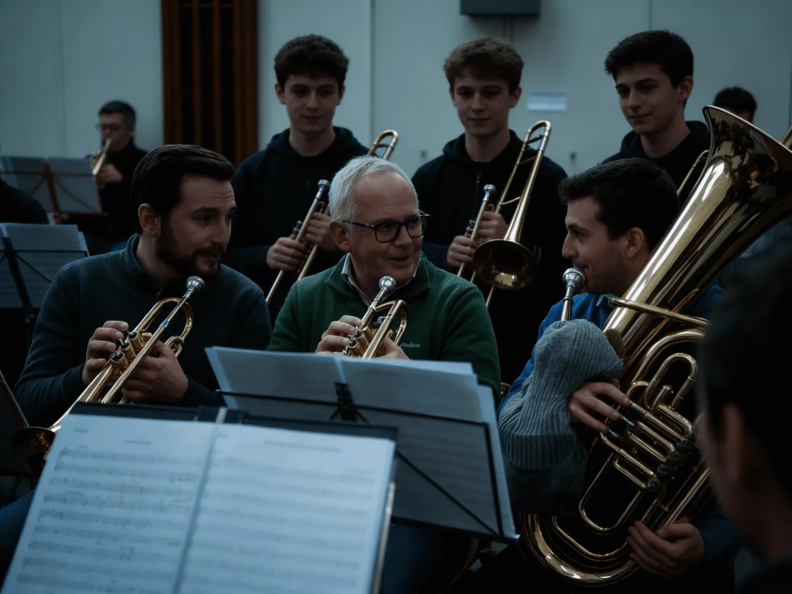 Musicisti che provano con i loro ottoni in sala, sotto una luce calda