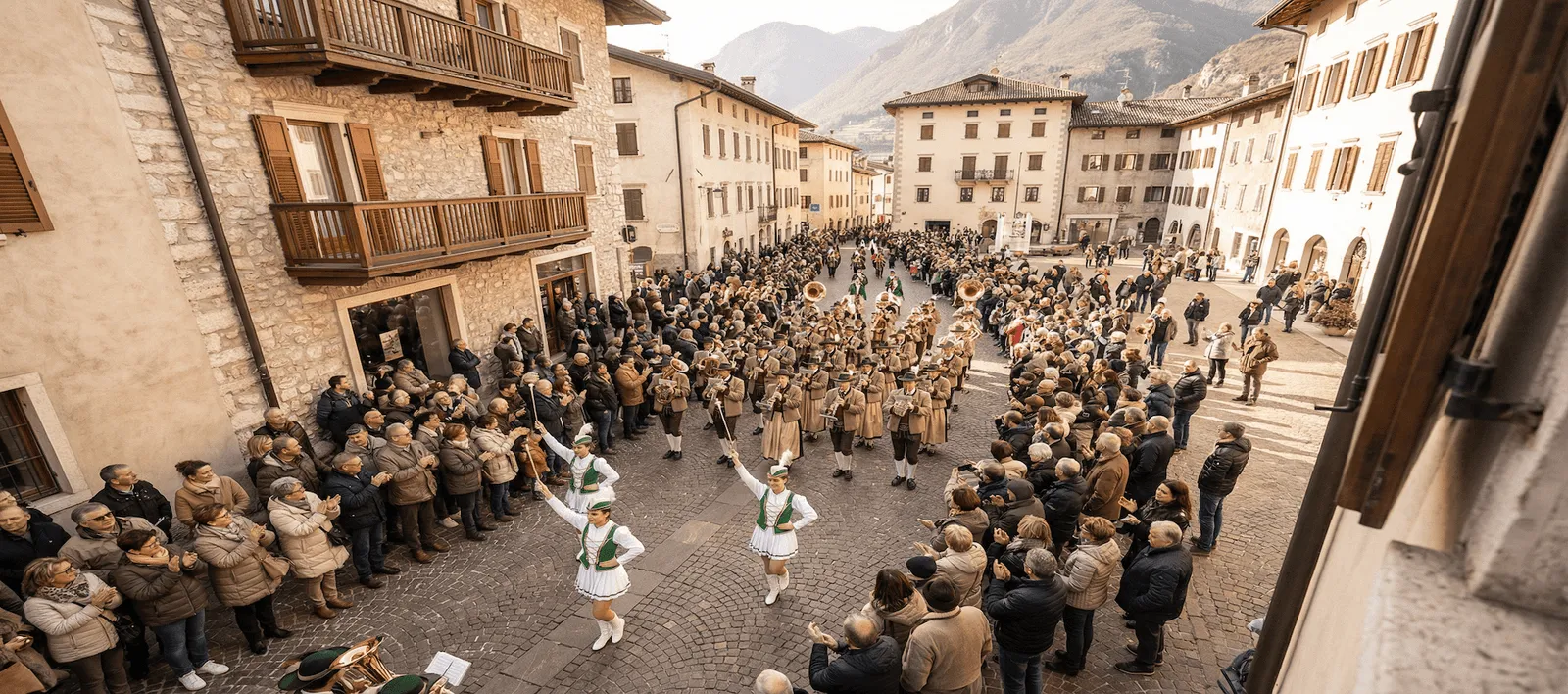 La banda e le majorettes in divisa sfilano in una piazza di paese