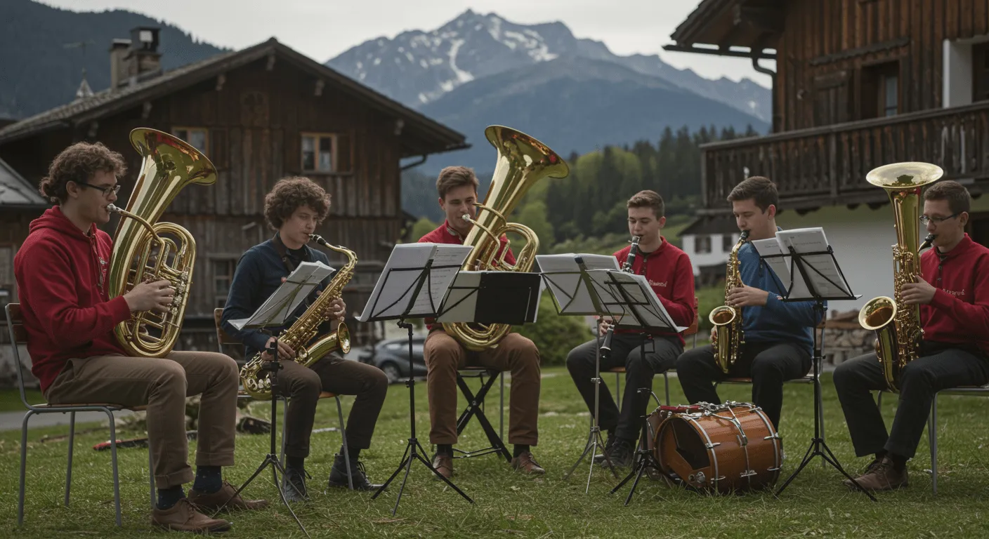 Quintetto di ottoni sul prato davanti alle case di un paese di montagna