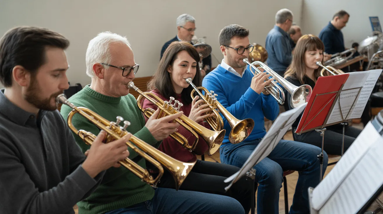 Sezione di ottoni che prova in sala